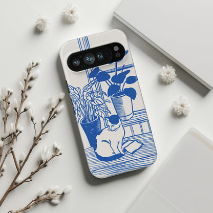 The Sunroom Cat – Blue & White Linocut Design Phone Case for Google Pixel