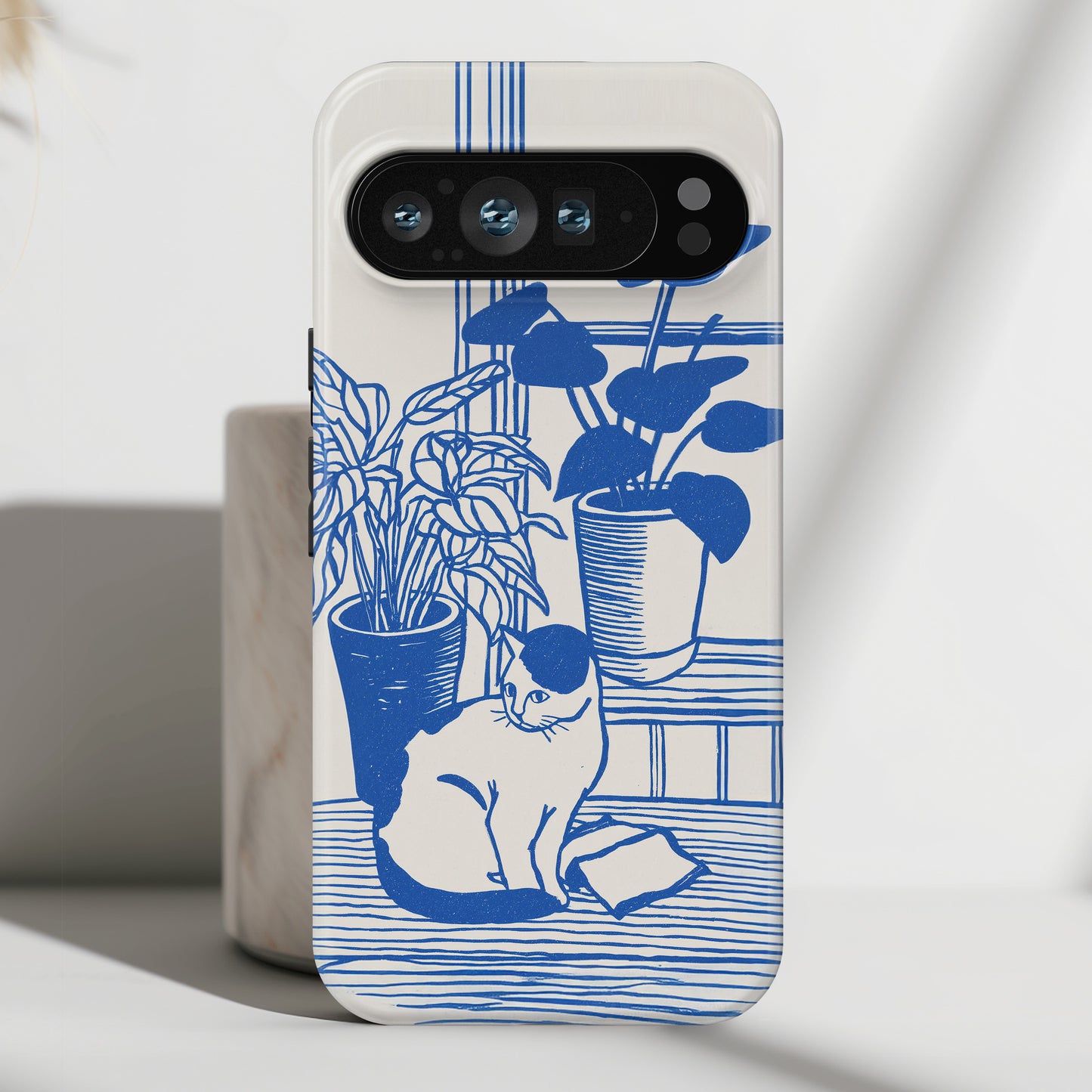 The Sunroom Cat – Blue & White Linocut Design Phone Case for Google Pixel