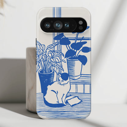 The Sunroom Cat – Blue & White Linocut Design Phone Case for Google Pixel