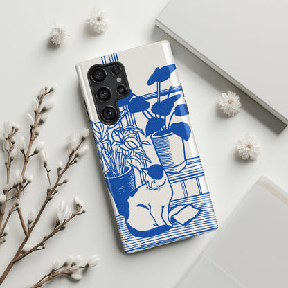 The Sunroom Cat – Blue & White Linocut Design Phone Case for Galaxy S series Phones