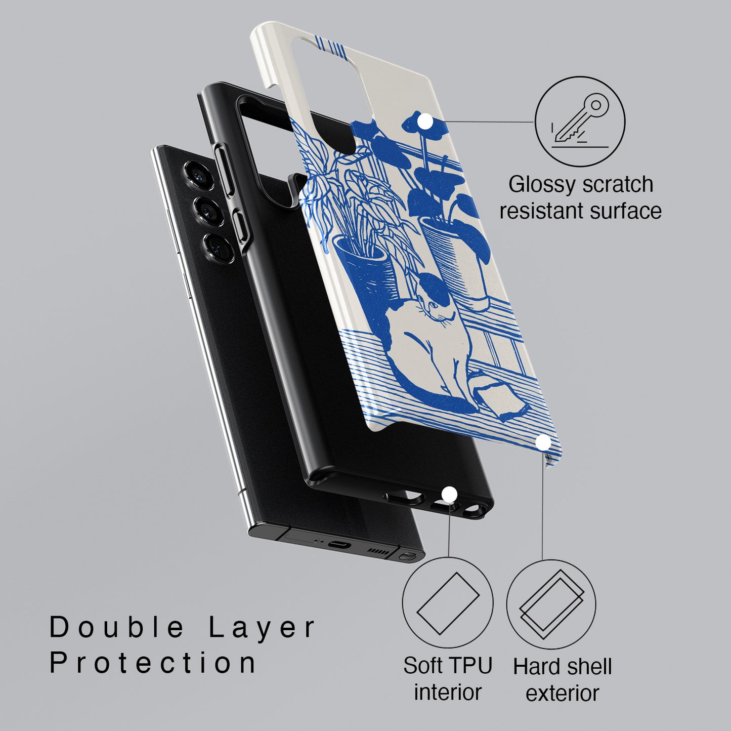 The Sunroom Cat – Blue & White Linocut Design Phone Case for Galaxy S series Phones