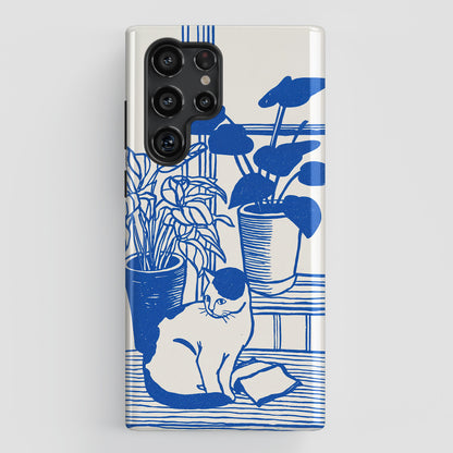 The Sunroom Cat – Blue & White Linocut Design Phone Case for Galaxy S series Phones