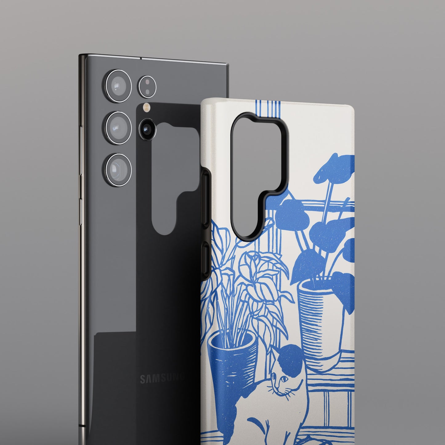 The Sunroom Cat – Blue & White Linocut Design Phone Case for Galaxy S series Phones