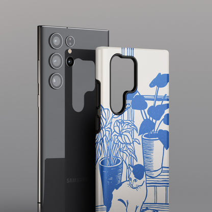 The Sunroom Cat – Blue & White Linocut Design Phone Case for Galaxy S series Phones