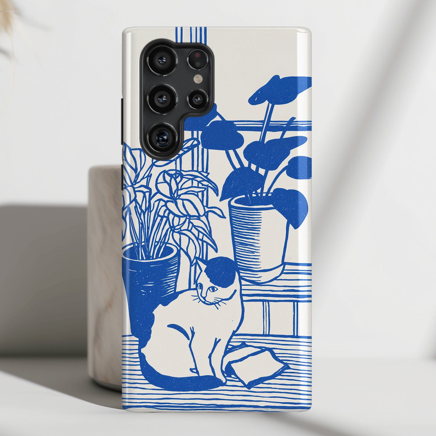 The Sunroom Cat – Blue & White Linocut Design Phone Case for Galaxy S series Phones
