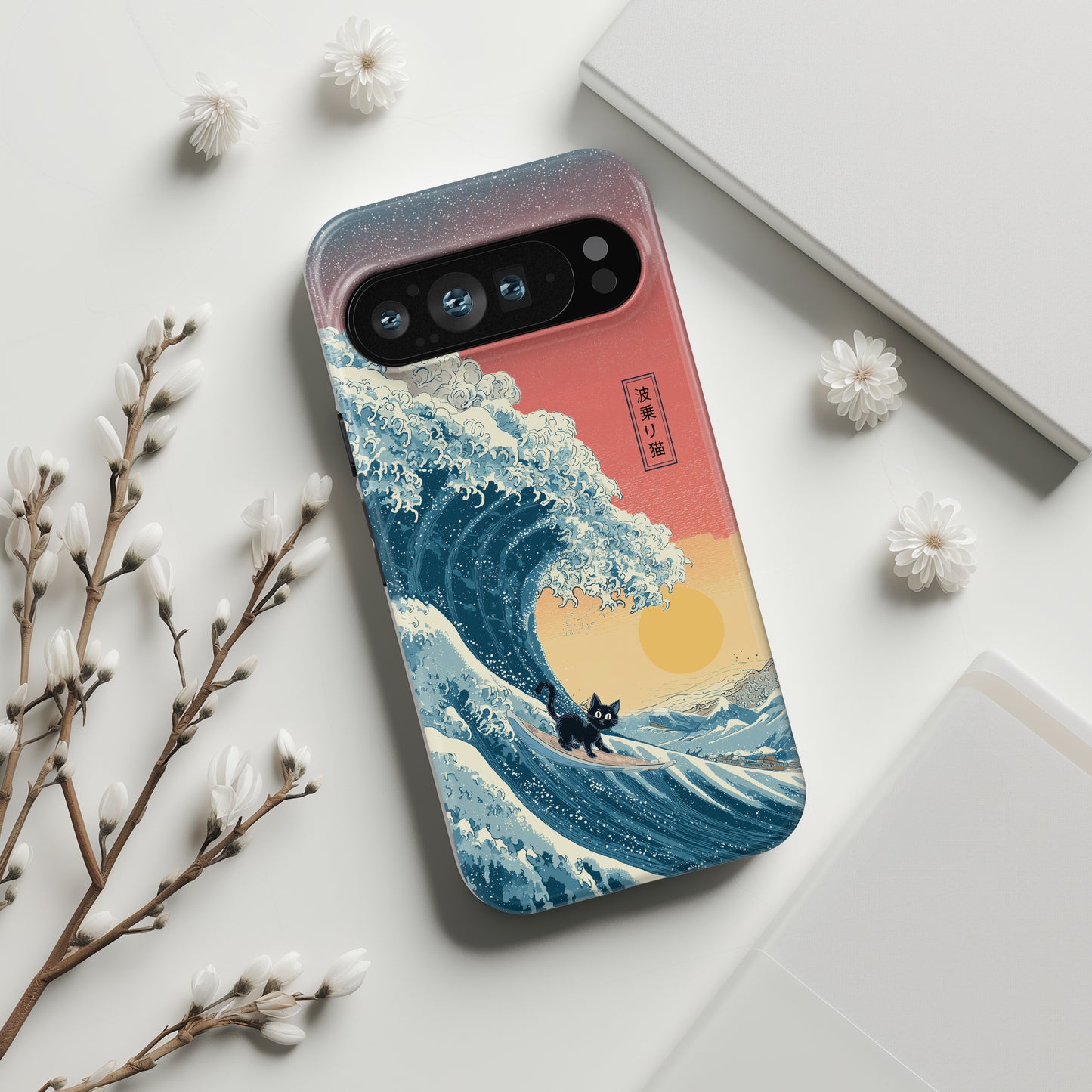 The Wave-Riding Neko – Sunset Surfer Design Phone Case for Google Pixel