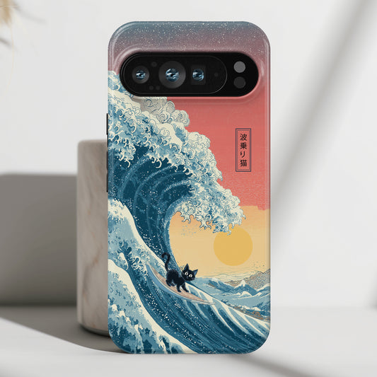 The Wave-Riding Neko – Sunset Surfer Design Phone Case for Google Pixel