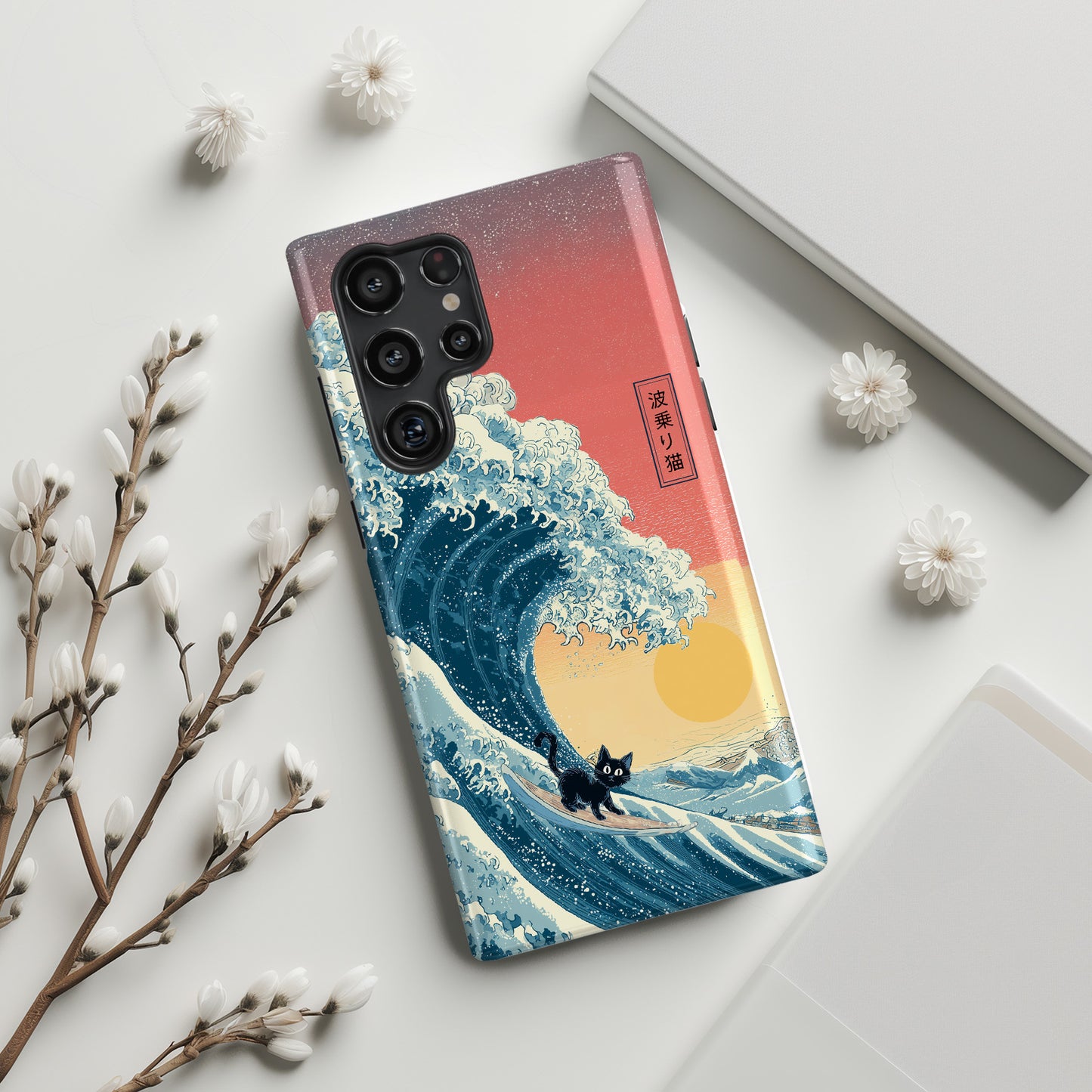 The Wave-Riding Neko – Sunset Surfer Design Phone Case for Galaxy S series Phones