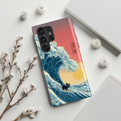 The Wave-Riding Neko – Sunset Surfer Design Phone Case for Galaxy S series Phones