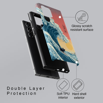 The Wave-Riding Neko – Sunset Surfer Design Phone Case for Galaxy S series Phones