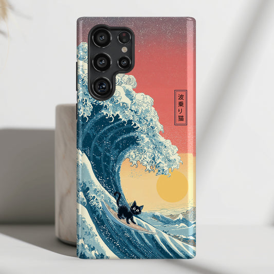 The Wave-Riding Neko – Sunset Surfer Design Phone Case for Galaxy S series Phones