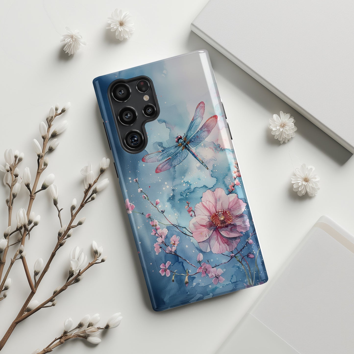 Watercolor Floral Dragonfly Design Samsung Phone Case