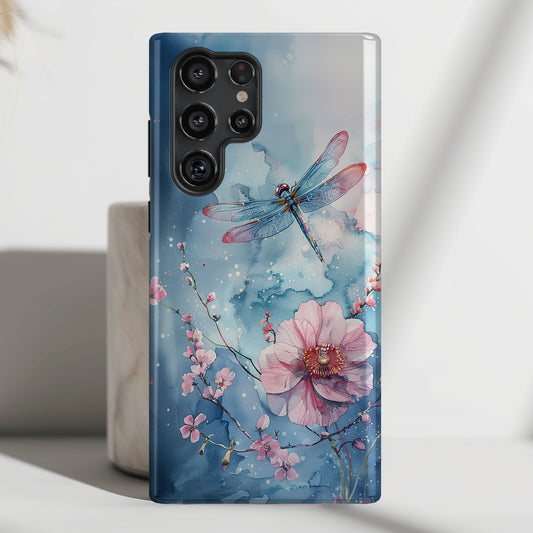 Watercolor Floral Dragonfly Design Samsung Phone Case