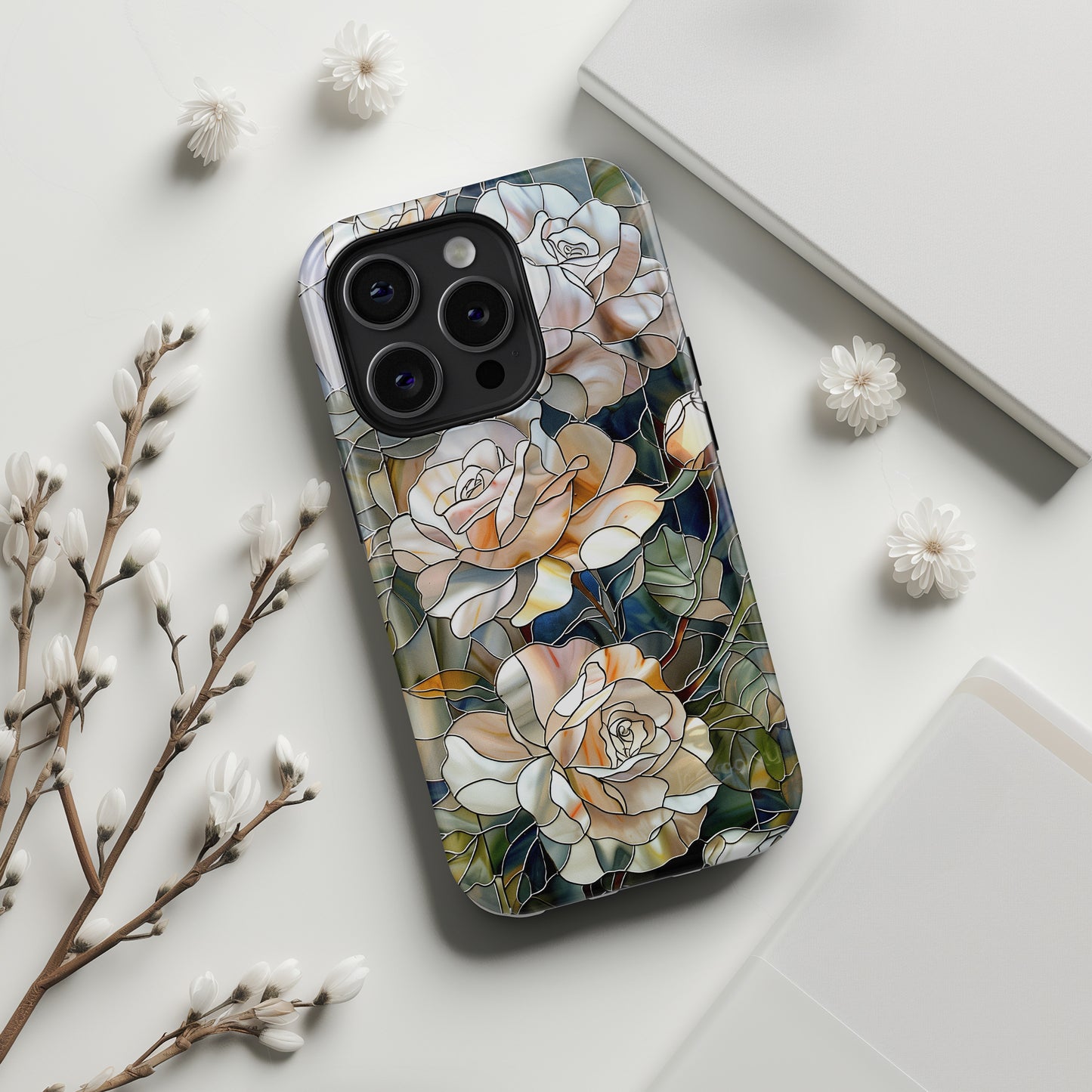 White Roses Stained Glass Design iPhone Case