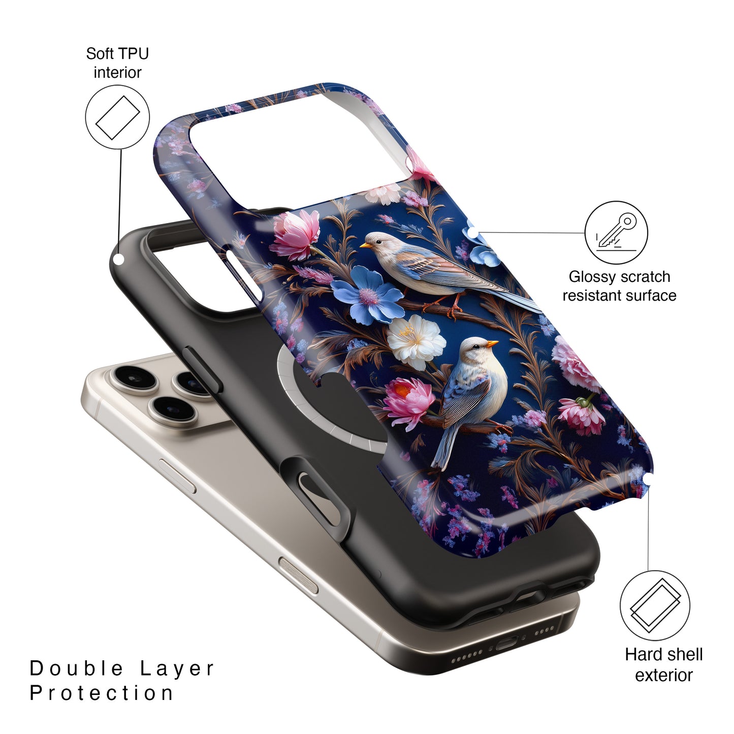 3D Birds Floral Design iPhone Case