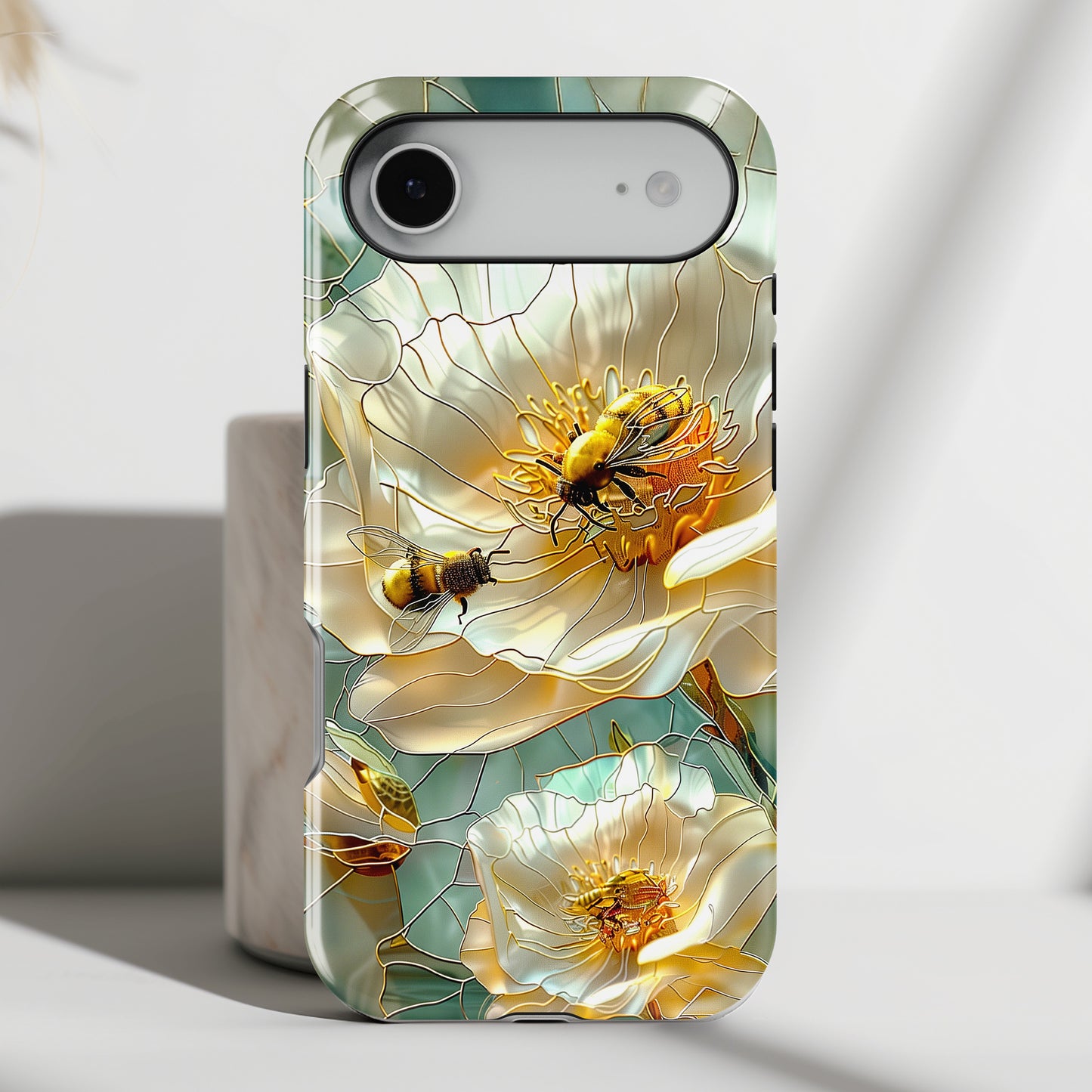 Bees on Flower Stained Glass Design iPhone Case