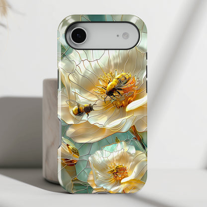 Bees on Flower Stained Glass Design iPhone Case
