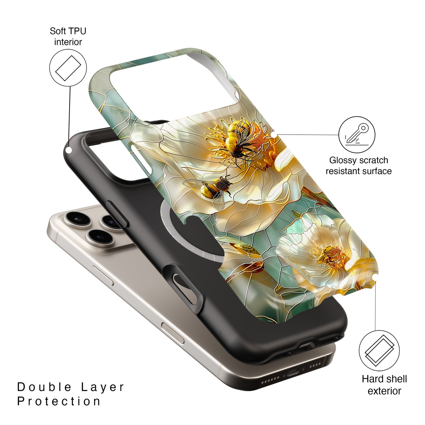 Bees on Flower Stained Glass Design iPhone Case
