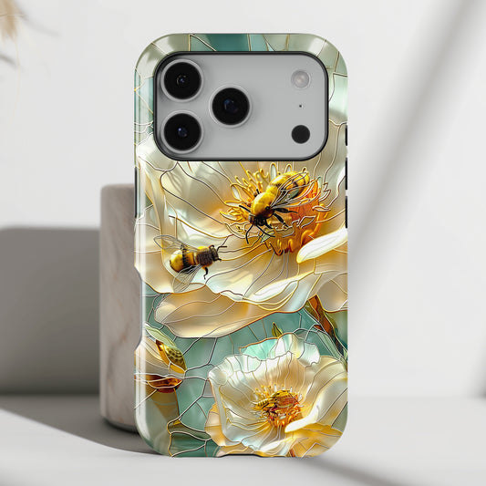 Bees on Flower Stained Glass Design iPhone Case