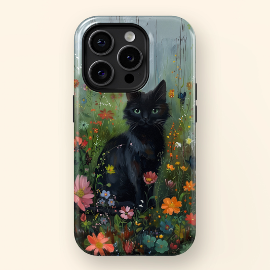 Cute Black Kitten in Flowery Garden Design iPhone Case