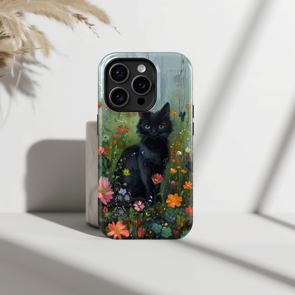 Cute Black Kitten in Flowery Garden Design iPhone Case