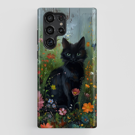 Cute Black Kitten in Flowery Garden Design Samsung Phone Case