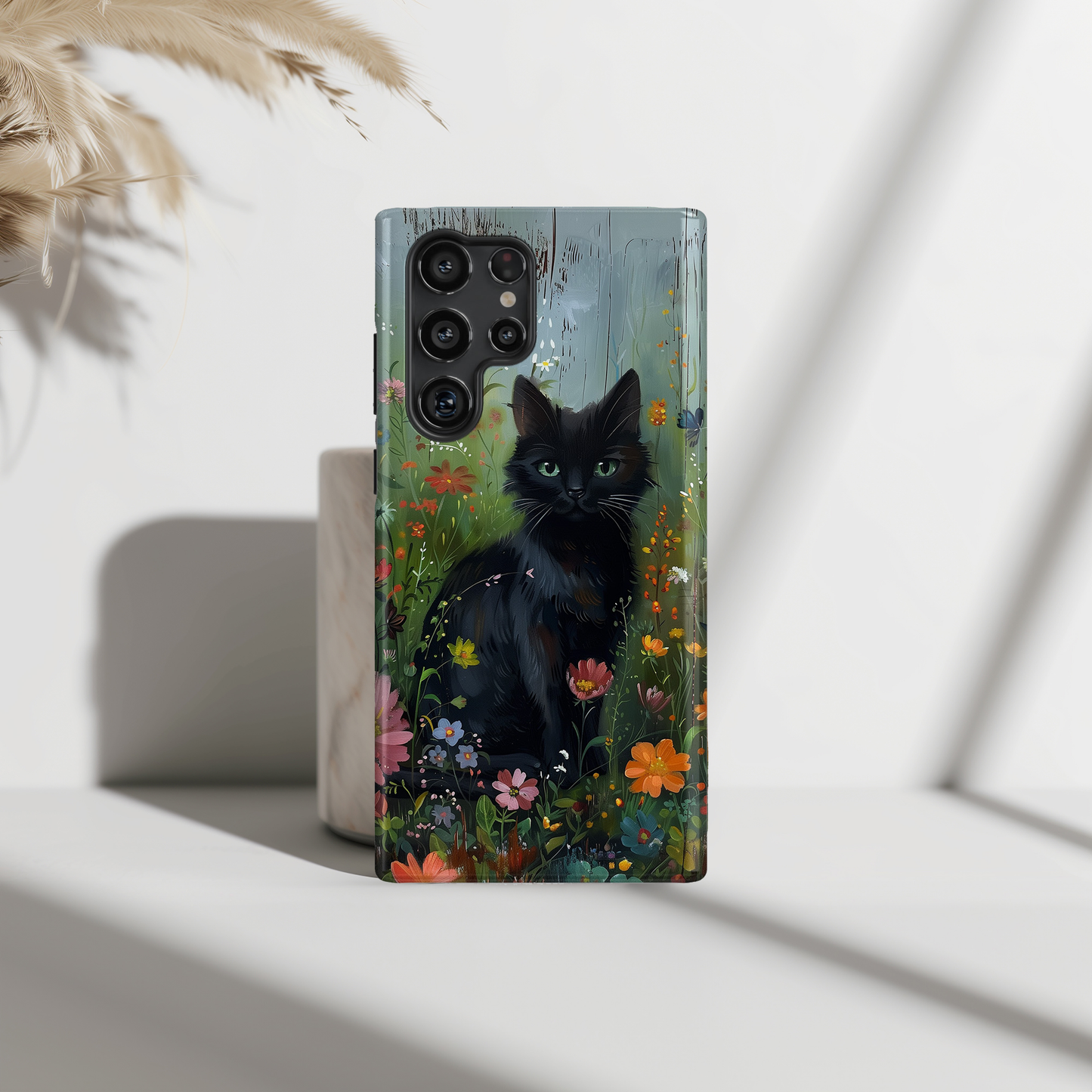 Cute Black Kitten in Flowery Garden Design Samsung Phone Case