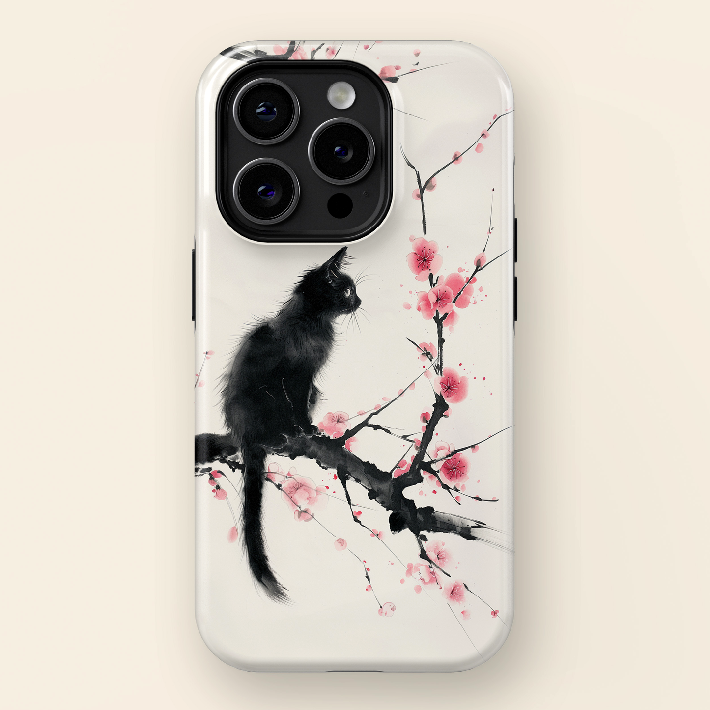 Black Cat on Plum Blossom Tree Chinese Ink Painting Design iPhone Case