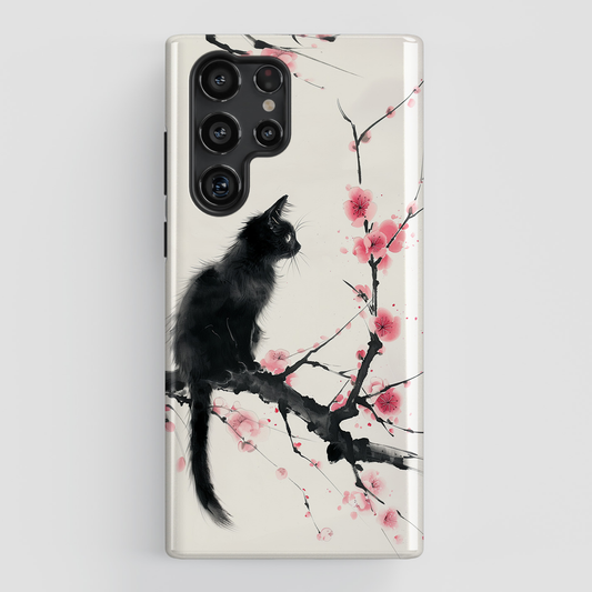 Black Cat on Plum Blossom Tree Chinese Ink Painting Design Samsung Phone Case