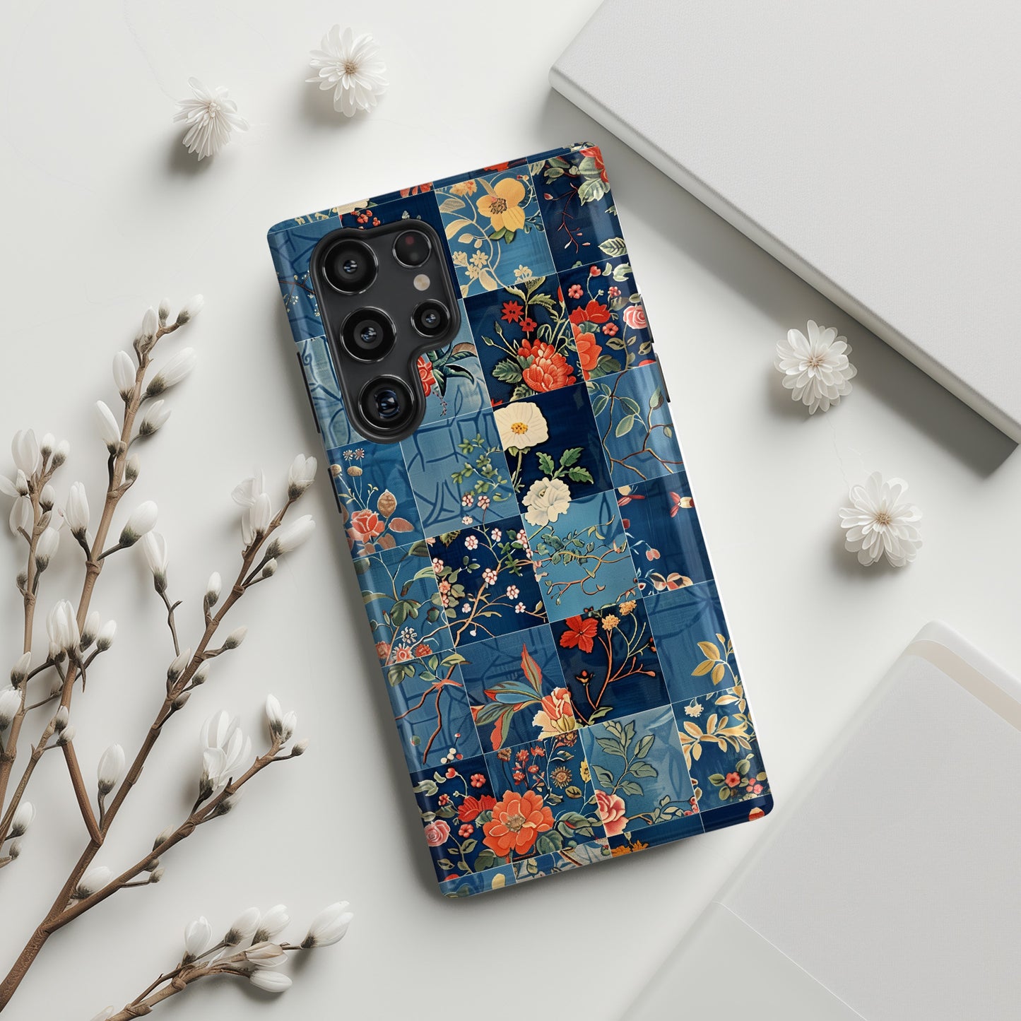 Blue Floral Quilt Patchwork Collage Design Samsung Phone Case