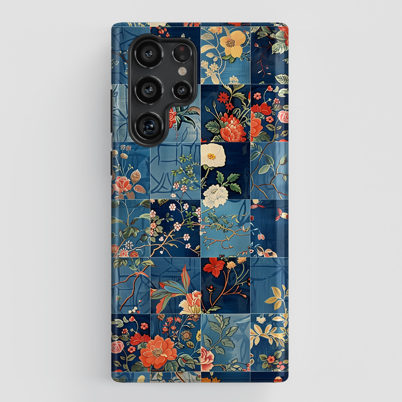 Blue Floral Quilt Patchwork Collage Design Samsung Phone Case
