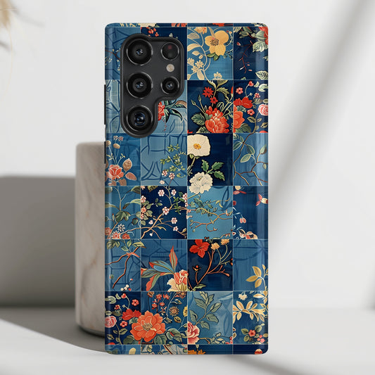 Blue Floral Quilt Patchwork Collage Design Samsung Phone Case