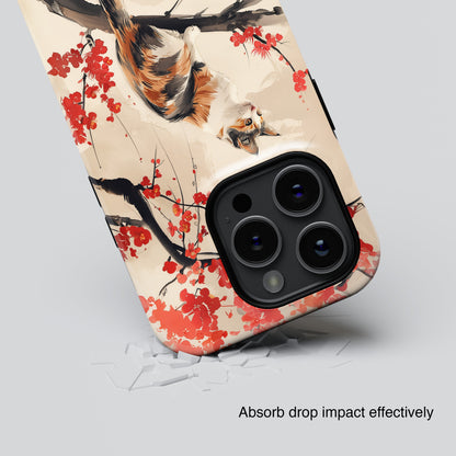 Calico Cat on Cherry Blossom Tree Design iPhone Case