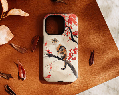 Calico Cat on Cherry Blossom Tree Design iPhone Case