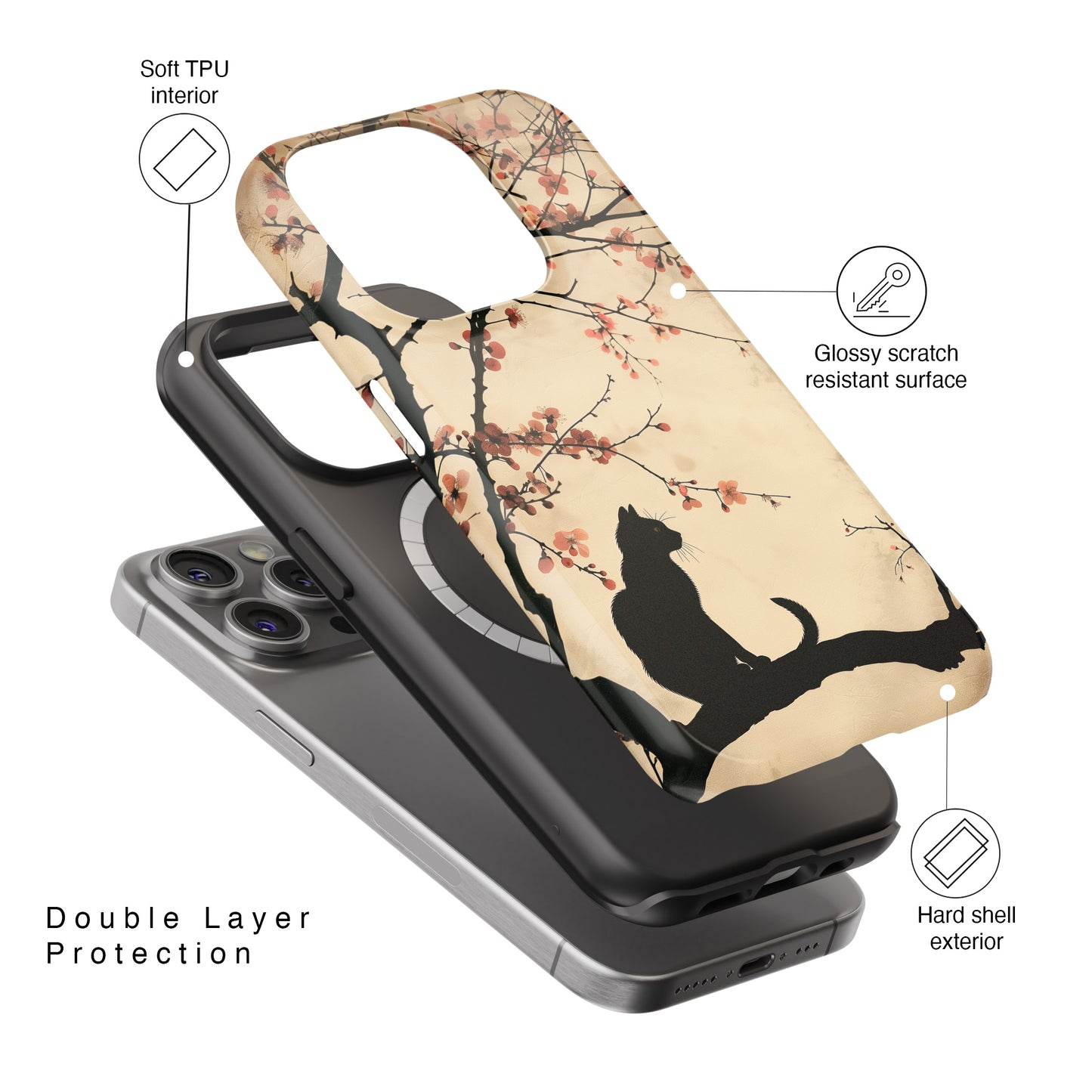 Cat Silhouette under Cherry Blossom Design iPhone Case