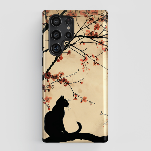 Cat Silhouette under Cherry Blossom Design Samsung Phone Case