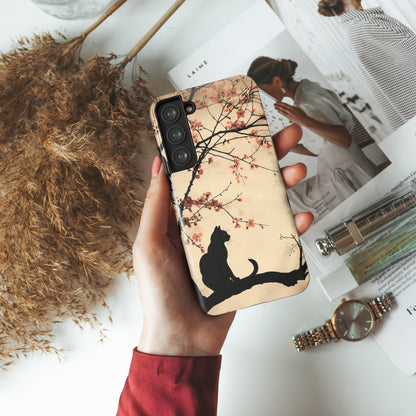 Cat Silhouette under Cherry Blossom Design Samsung Phone Case