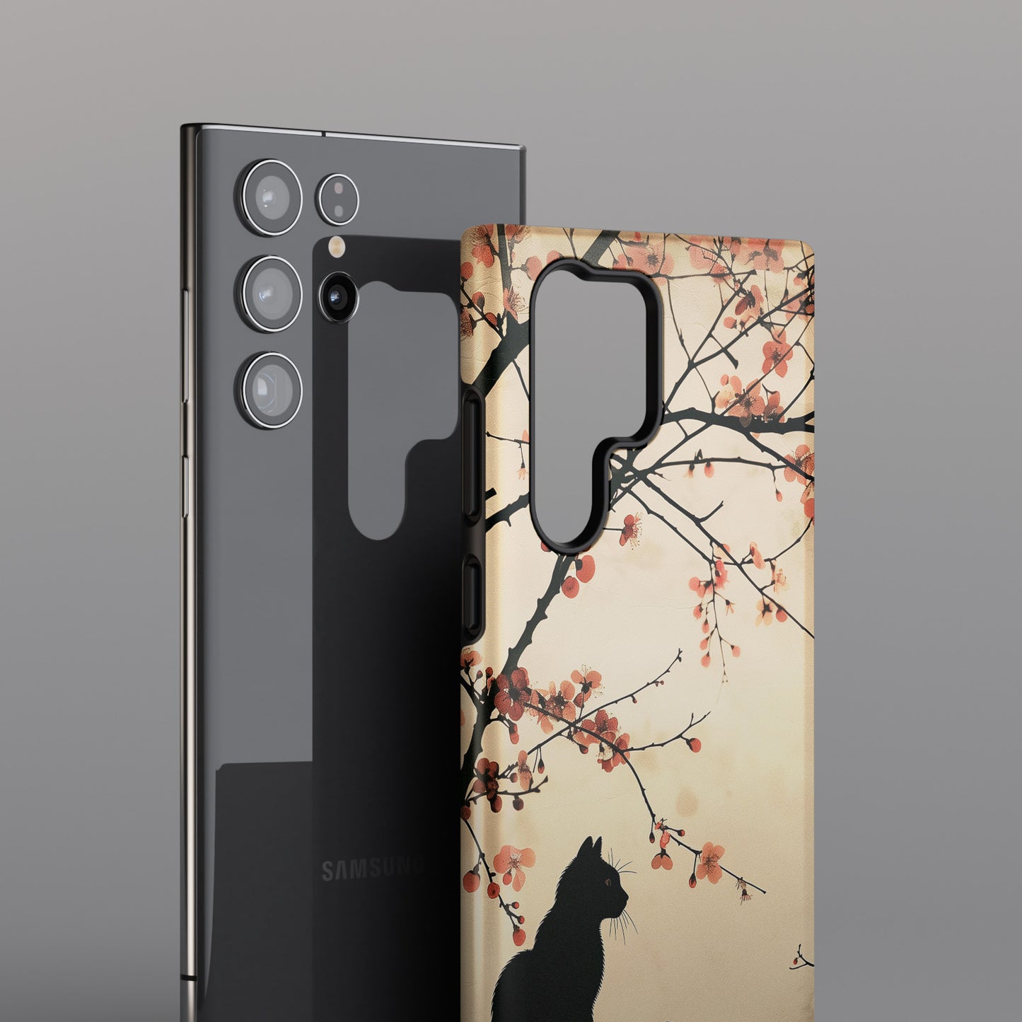 Cat Silhouette under Cherry Blossom Design Samsung Phone Case