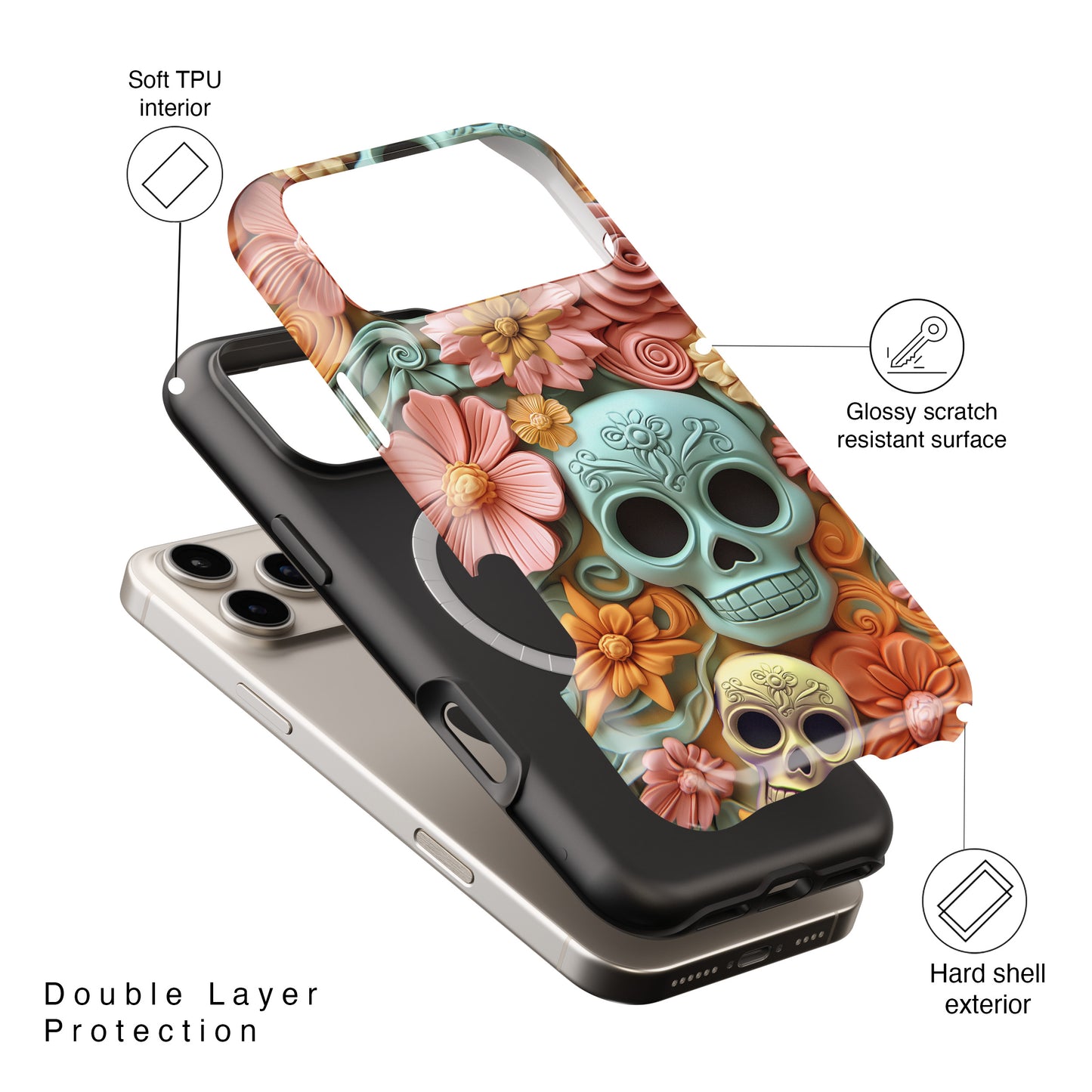 Cute Sugar Skull & Flowers Design iPhone Case