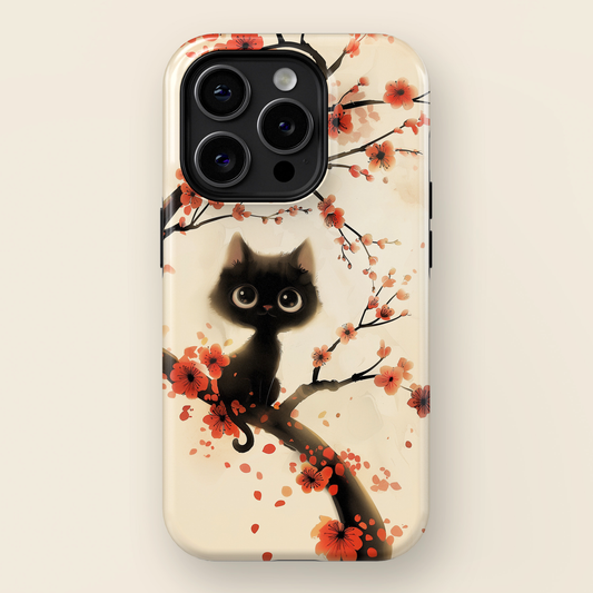 Cute Black Cat on Plum Blossom Tree Cartoon style Design iPhone Case