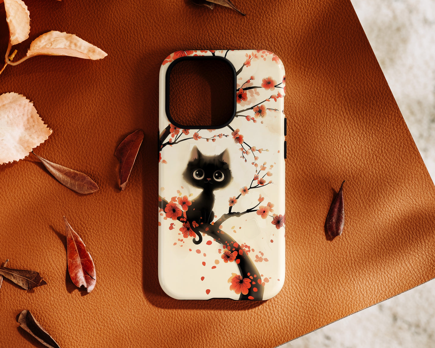 Cute Black Cat on Plum Blossom Tree Cartoon style Design iPhone Case