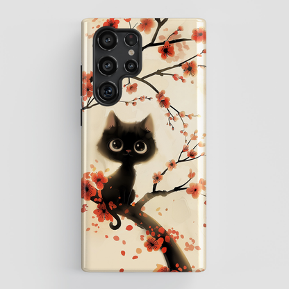 Cute Black Cat on Plum Blossom Tree Cartoon style Design Samsung Phone Case