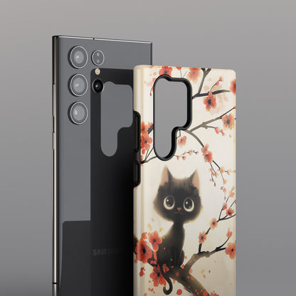 Cute Black Cat on Plum Blossom Tree Cartoon style Design Samsung Phone Case