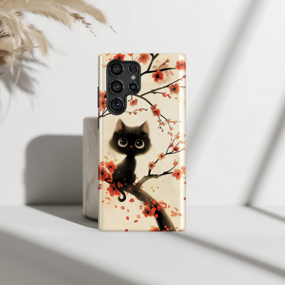 Cute Black Cat on Plum Blossom Tree Cartoon style Design Samsung Phone Case