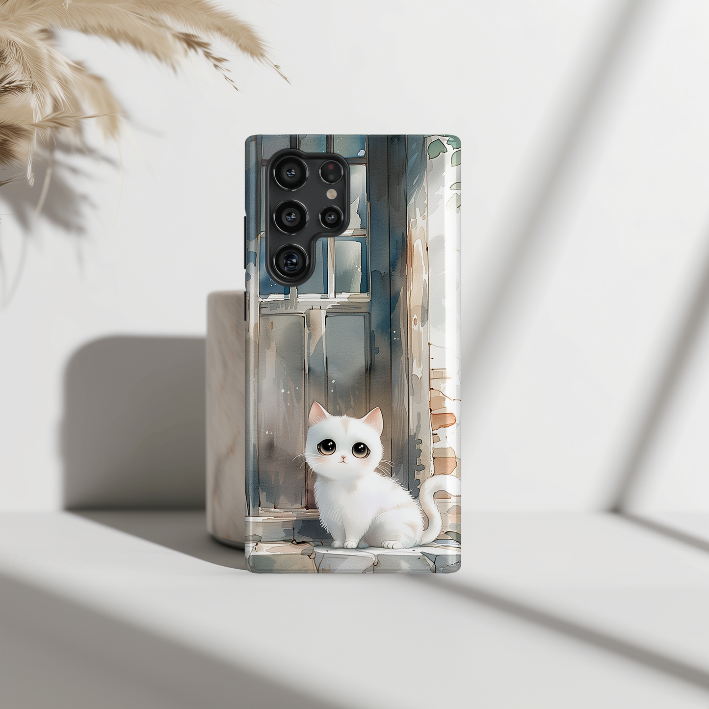 Cute White Cat Watercolour Art Design Samsung Phone Case