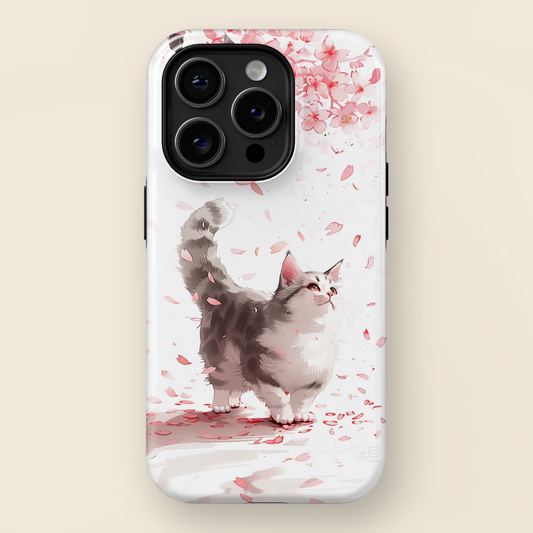Joyful Cat Cherry Blossom Watercolour Design iPhone Case