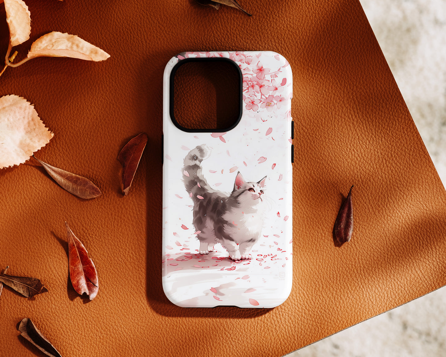 Joyful Cat Cherry Blossom Watercolour Design iPhone Case