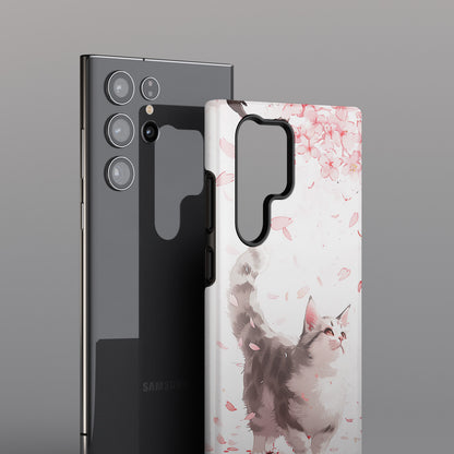 Joyful Cat Cherry Blossom Watercolour Design Samsung Phone Case