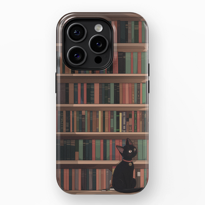 Kawaii Black Cat on Bookshelf Design iPhone Case