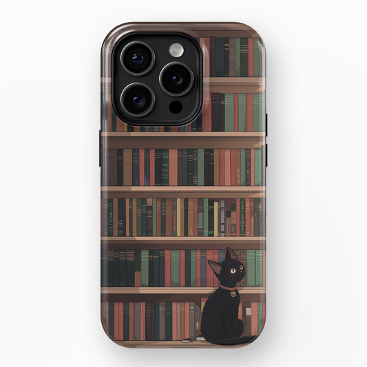 Kawaii Black Cat on Bookshelf Design iPhone Case